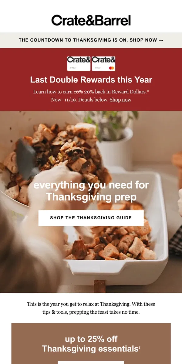 Email from Crate & Barrel. Is your kitchen ready for turkey day? 🦃