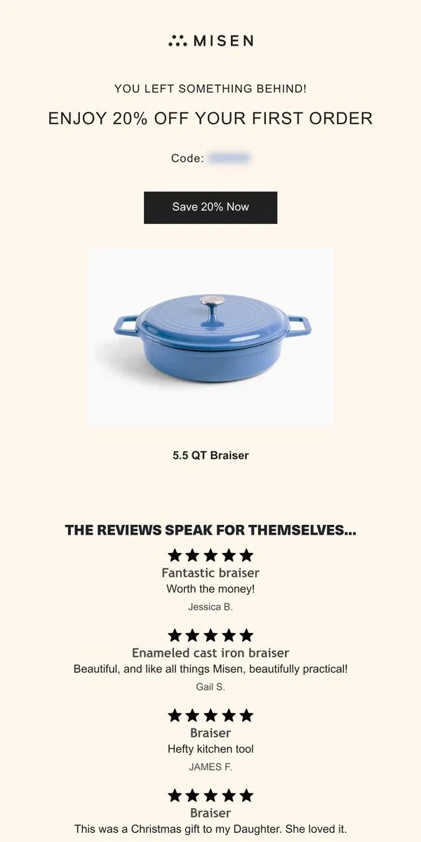 Email from Misen. 20% Off Your Kitchen Essentials