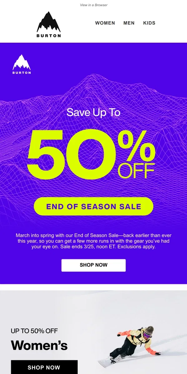 Email from Burton. Gear Up: End of Season Sale is Live