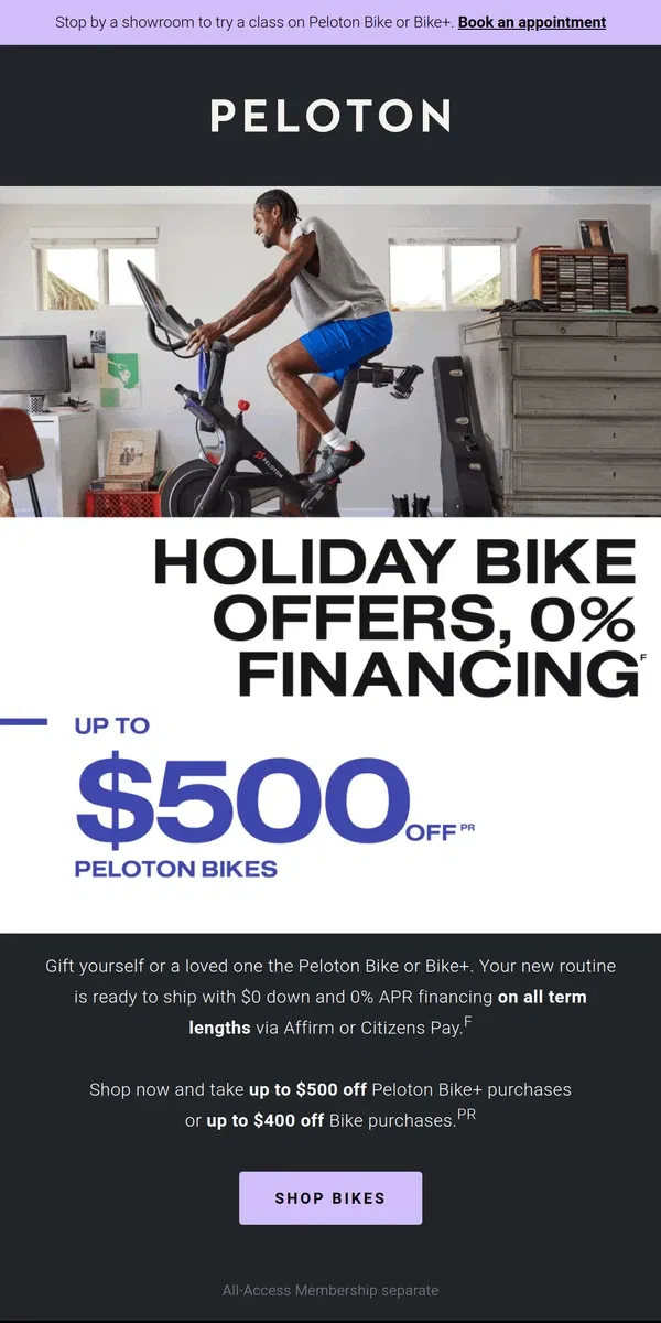 Email from Peloton. Gift now, pay later