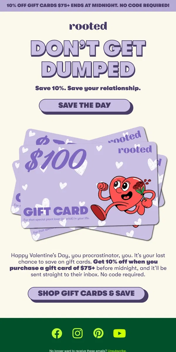 Email from Rooted. Last chance for V-Day savings ♥️