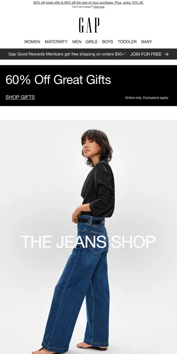 Email from GAP. THE JEANS SHOP IS HERE