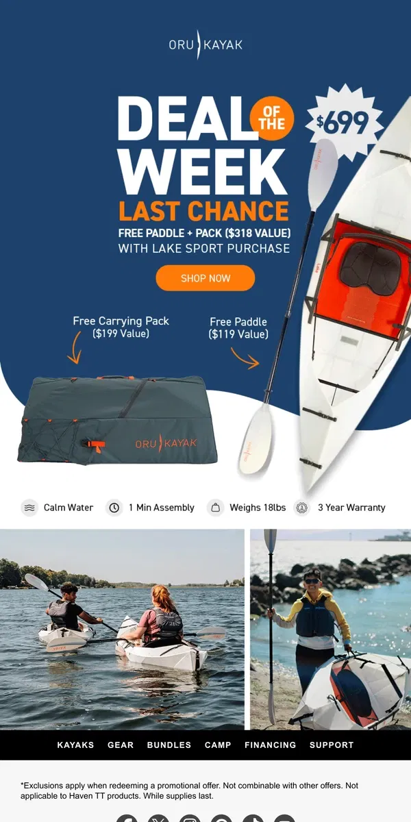 Email from Oru Kayak. Final Hours: Free Pack + Paddle ($318 Value) ⏰