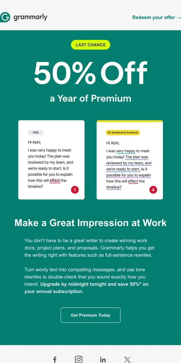 Email from Grammarly. Last day: 50% off a year of Premium