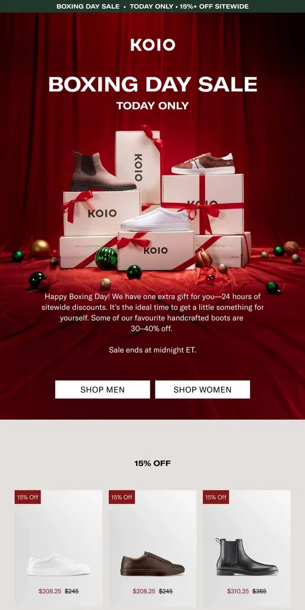 Email from Koio. 24 HOURS ONLY: BOXING DAY SALE