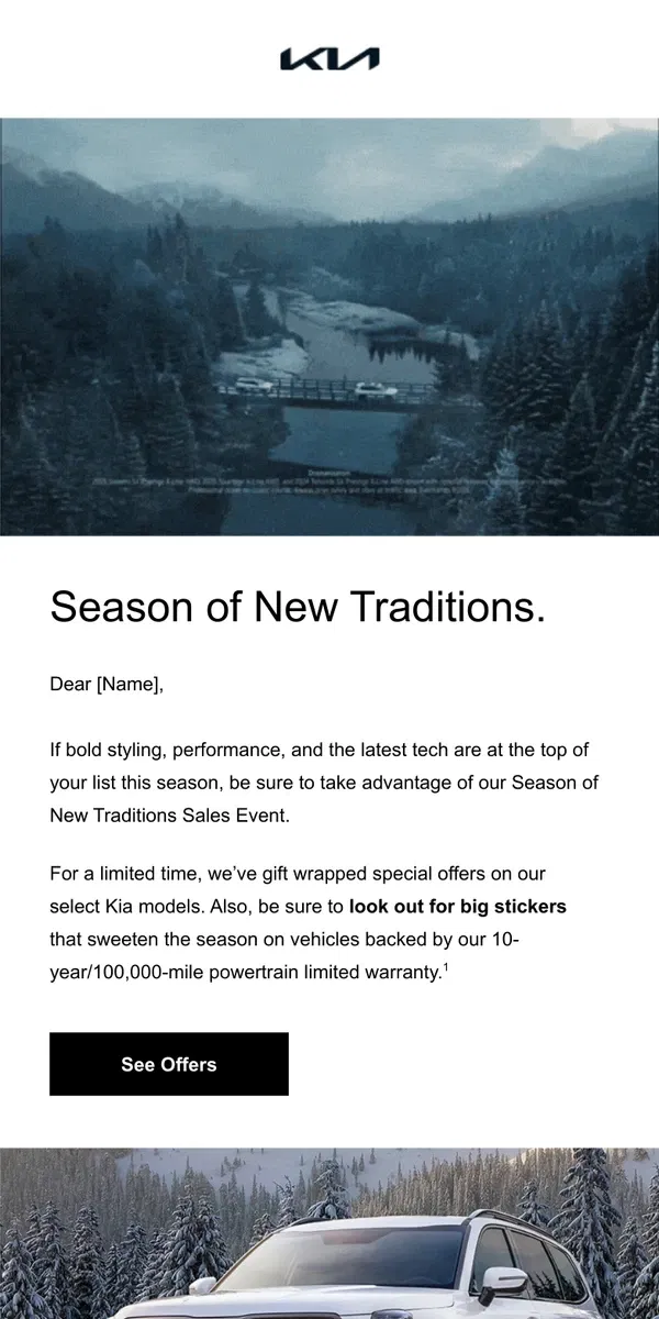 Email from Kia. Celebrate the Season of New Traditions Sales Event.