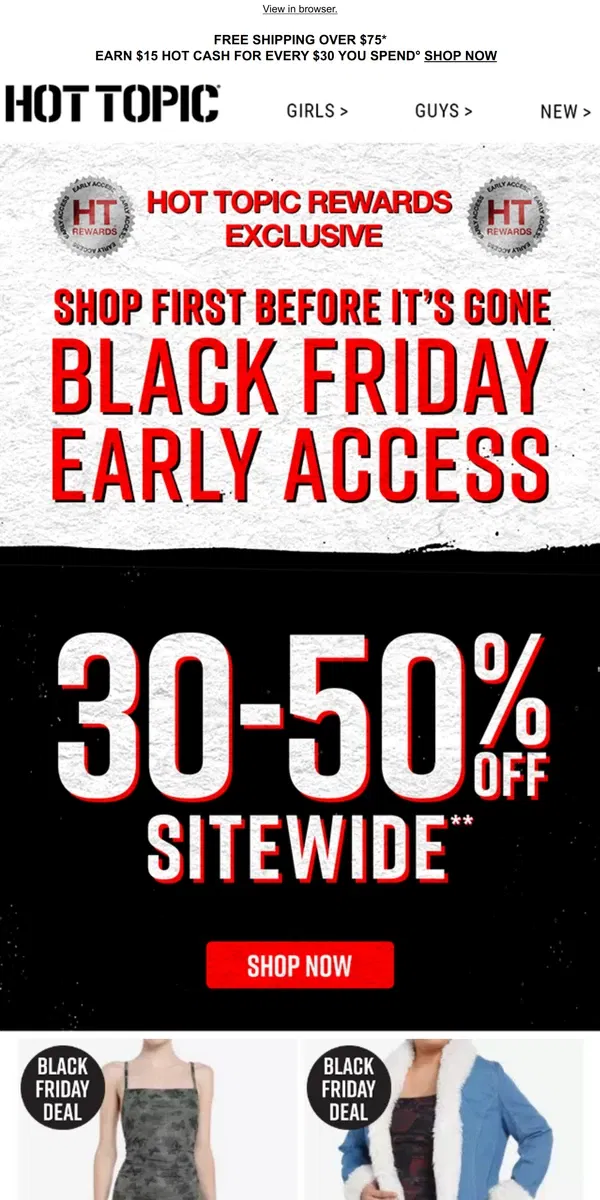 Email from Hot Topic. ‼️ 30%-50% OFF Sitewide | BOGO $10 winter styles | For HT Rewards Members ‼️