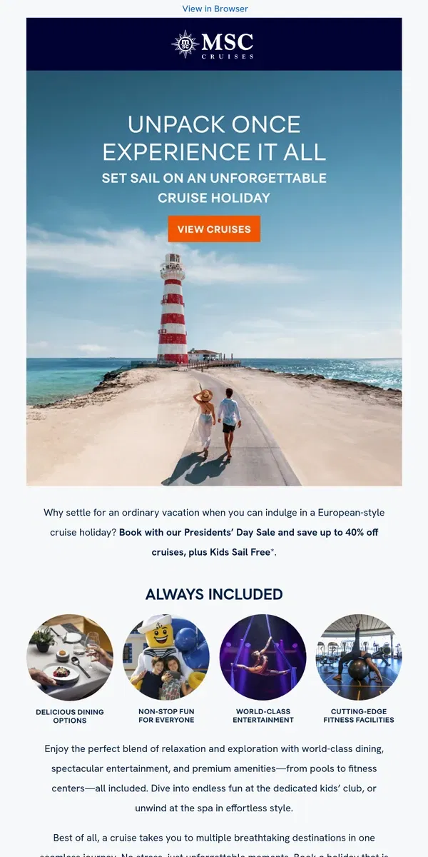 Email from MSC Cruises. Discover Cruising, Where Style & Comfort Meet