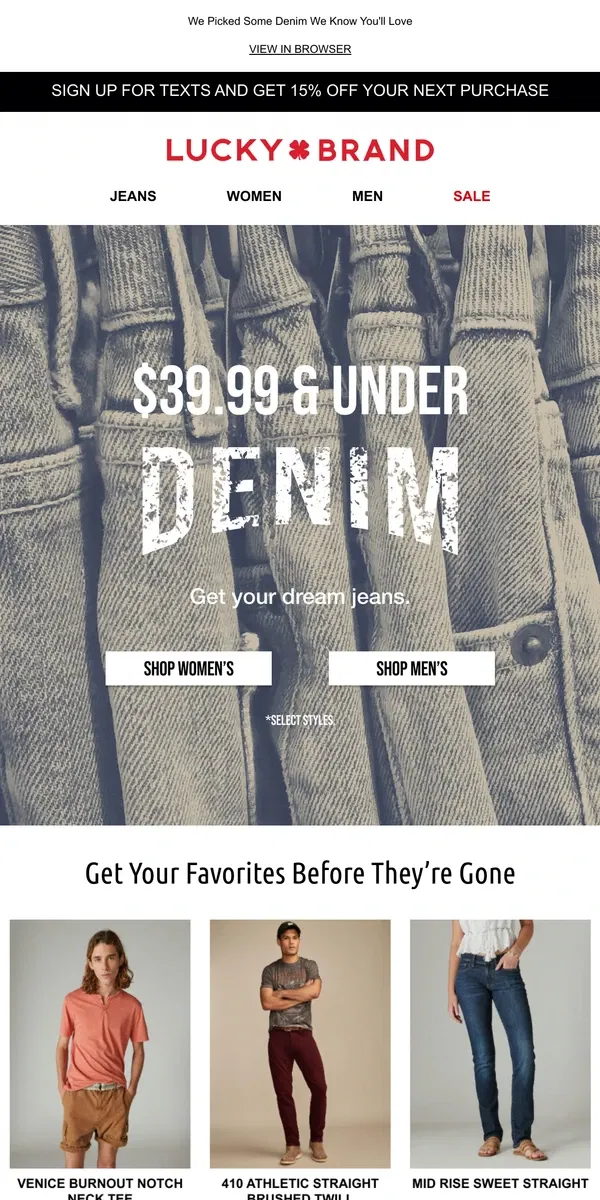 Email from Lucky Brand. A Denim Deal: $39.99 Jeans Inside!