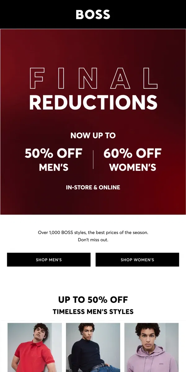 Email from HUGO BOSS. Starting Now: 50% off!