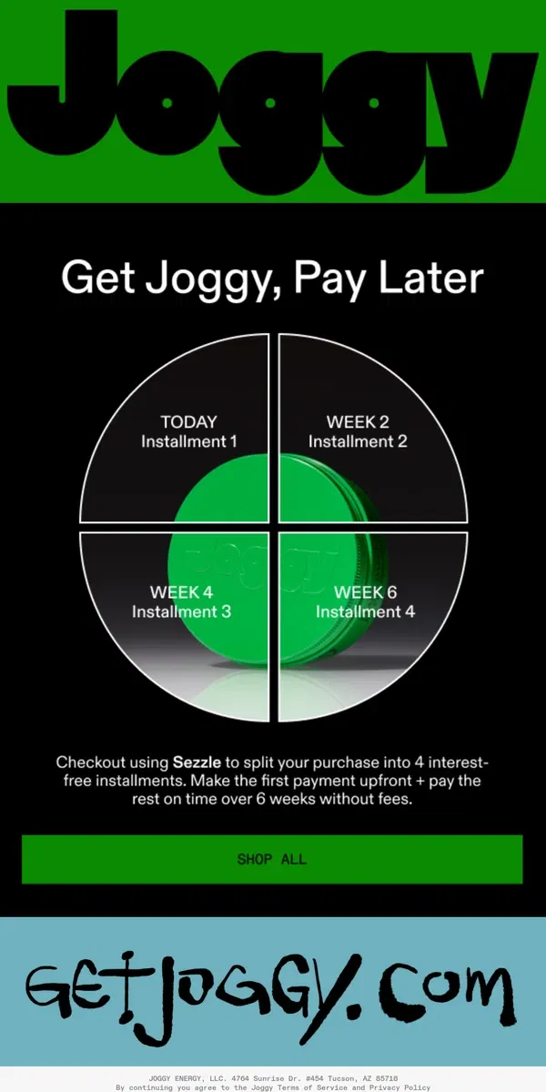 Email from Joggy Energy. Buy Now, Pay Later