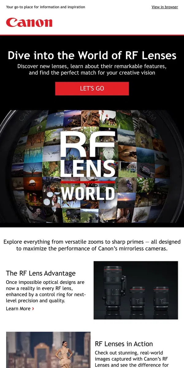 Email from Canon. Explore RF Lens World and Find Your Ideal Lens