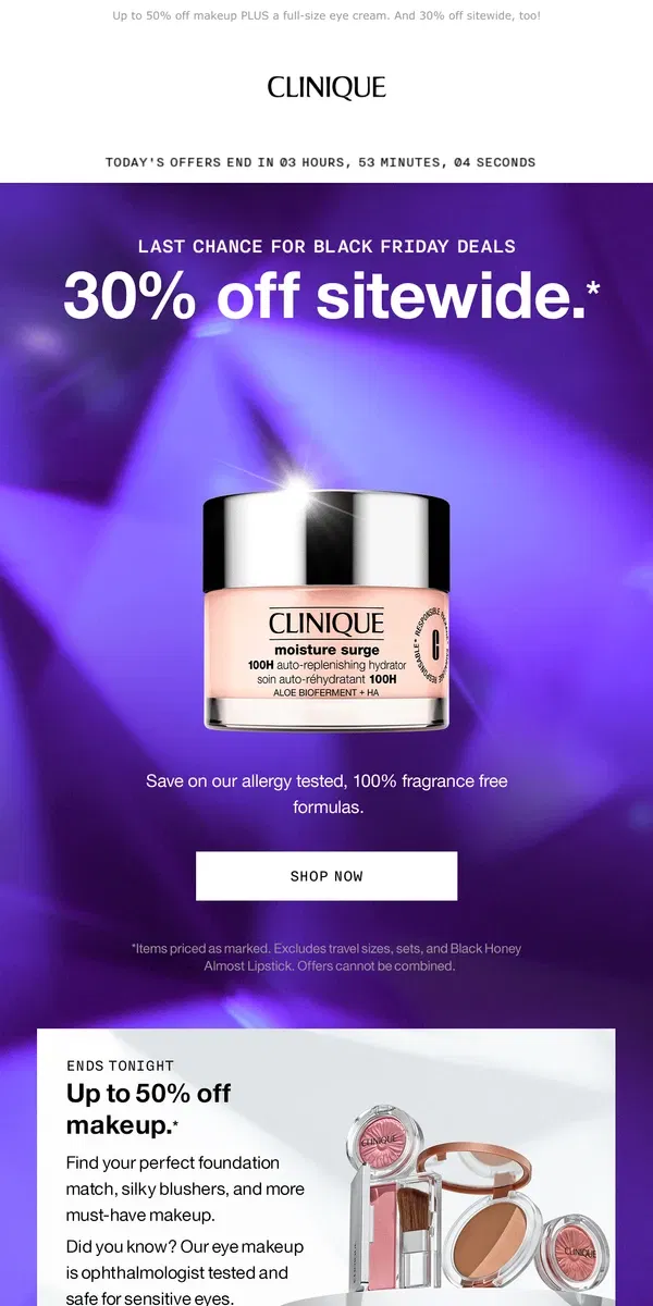 Email from Clinique. THIS IS IT ⏰ FINAL HOURS for Black Friday deals. 