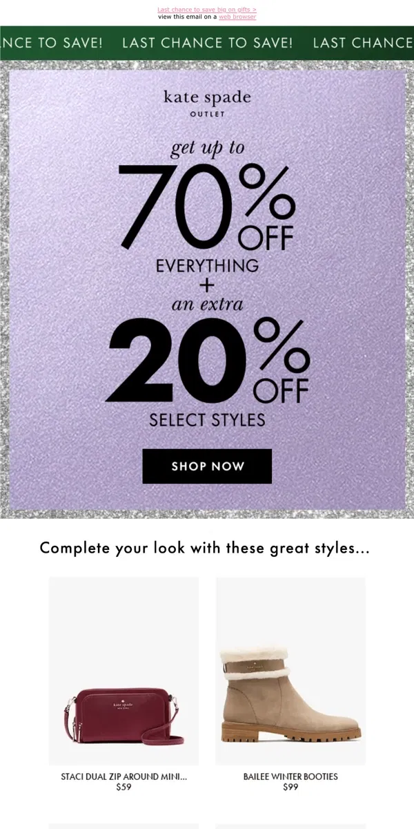 Email from Kate Spade. Ends at midnight: up to 70% off + an extra 20% off!