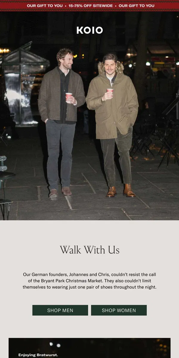 Email from Koio. Come for a walk with our founders