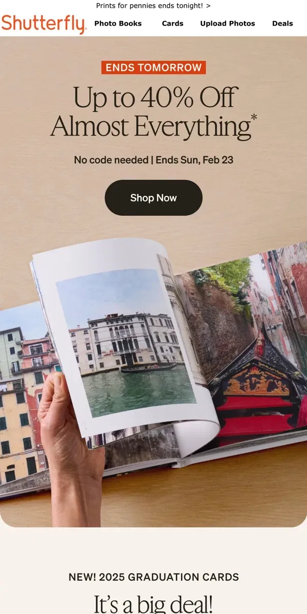 Email from Shutterfly. Up to 40% off almost everything + FREE photo book pages 🛍️