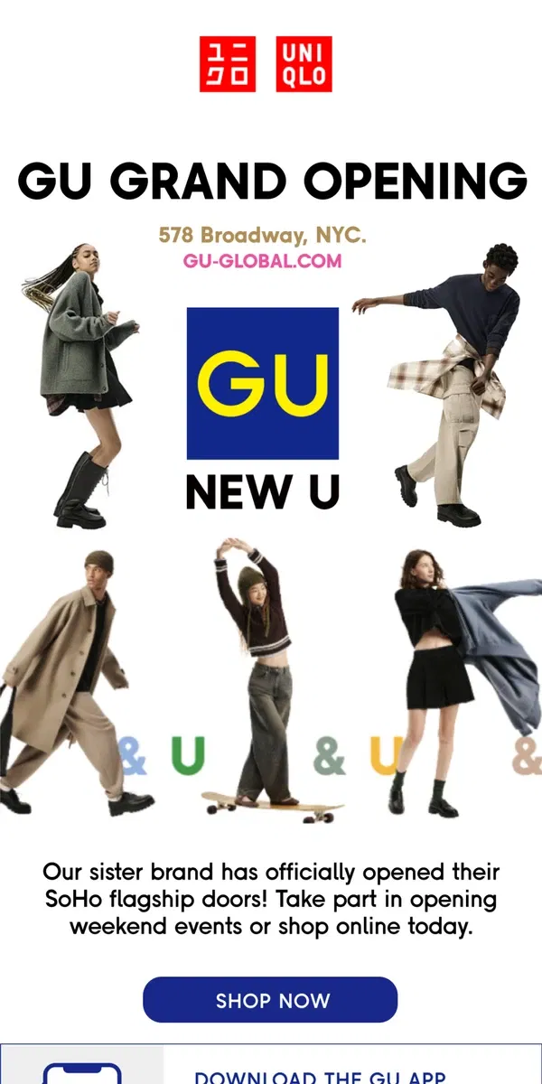 Email from Uniqlo. Now Open: GU NYC Flagship & Online Store