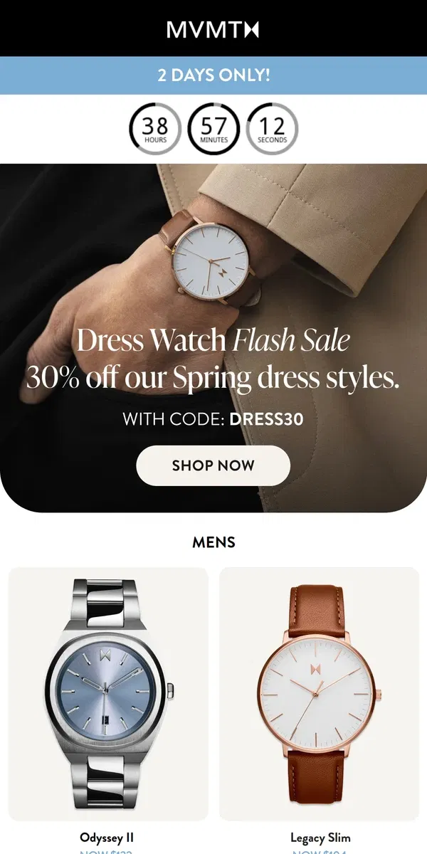 Email from MVMT. It's a Flash Sale! Enjoy 30% Off Dress Watches