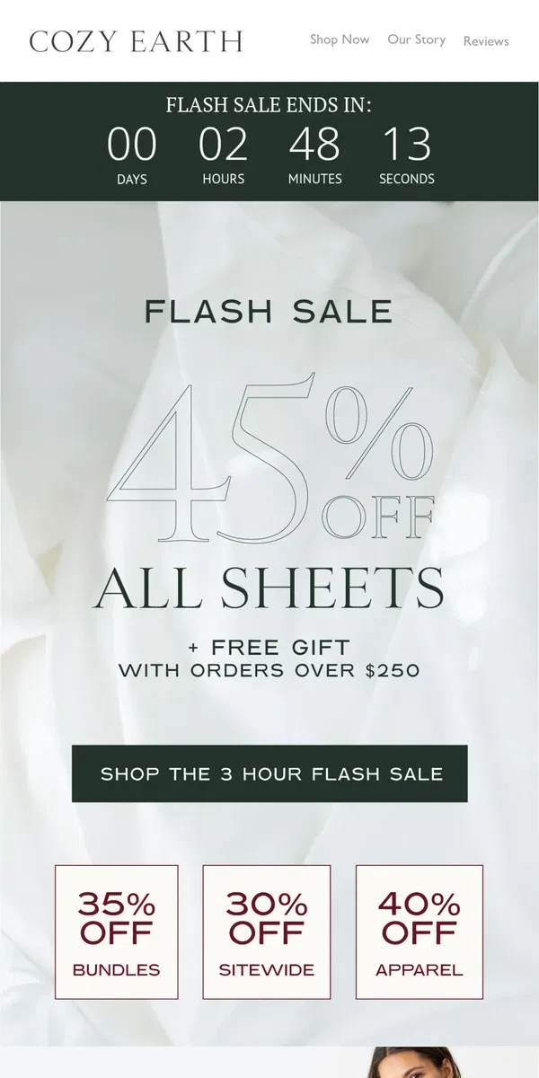 Email from Cozy Earth. 45% OFF SHEETS IS BACK!