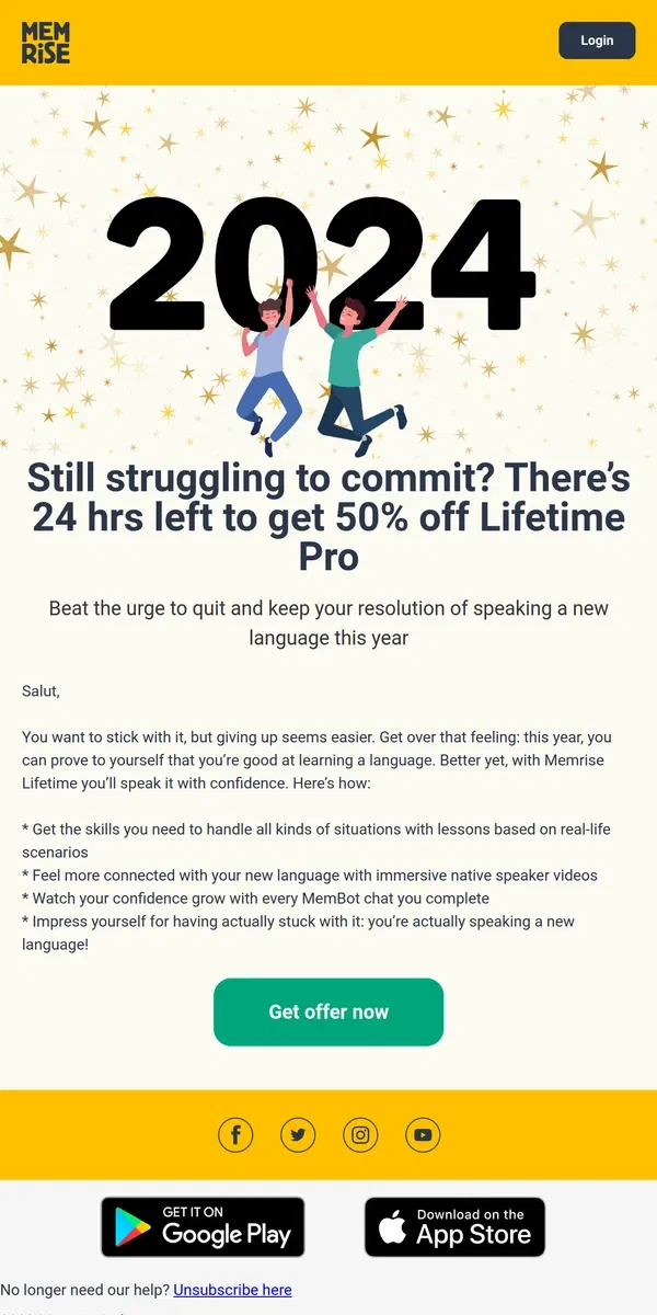 Email from Memrise. ⌛ Final hours to claim 50% off Lifetime Pro –see how good it feels to beat the urge to quit and keep your resolution