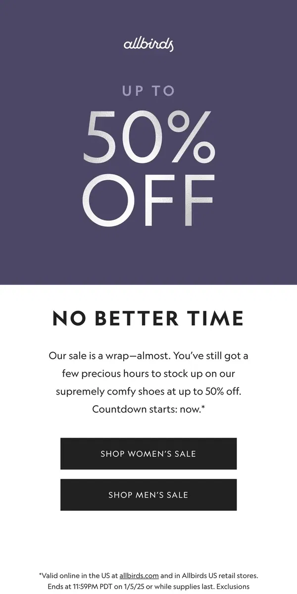 Email from Allbirds. Final Hours! Up To 50% Off Select Styles