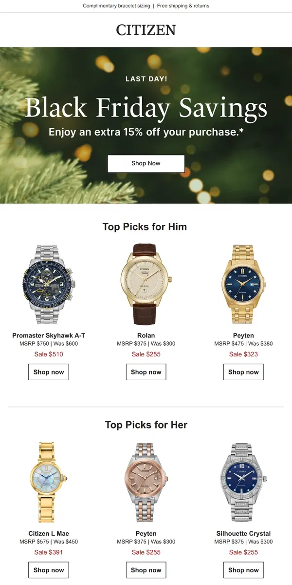 Email from Citizen Watch. Enjoy an EXTRA 15% off - before Black Friday Ends!