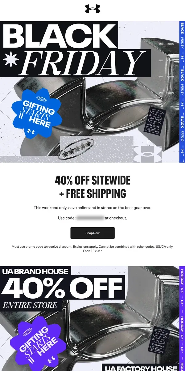 Email from Under Armour. 40% off sitewide this weekend