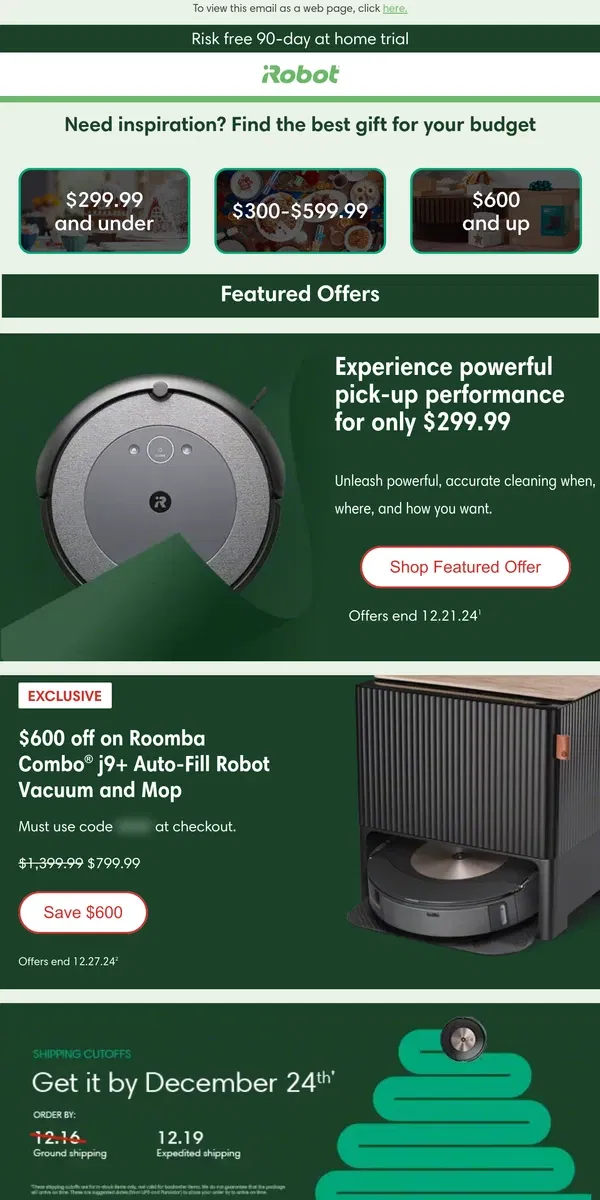 Email from iRobot. Our Guide to Gifting: Roomba® robots for every budget.