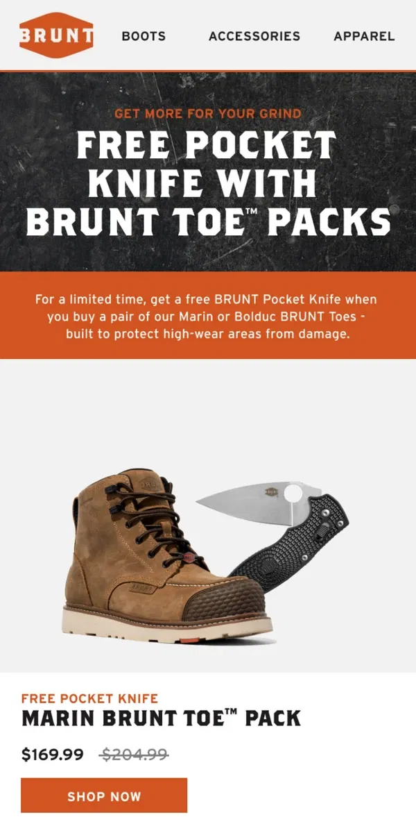 Email from BRUNT Workwear. Get a free pocket knife with BRUNT Toe™ Packs