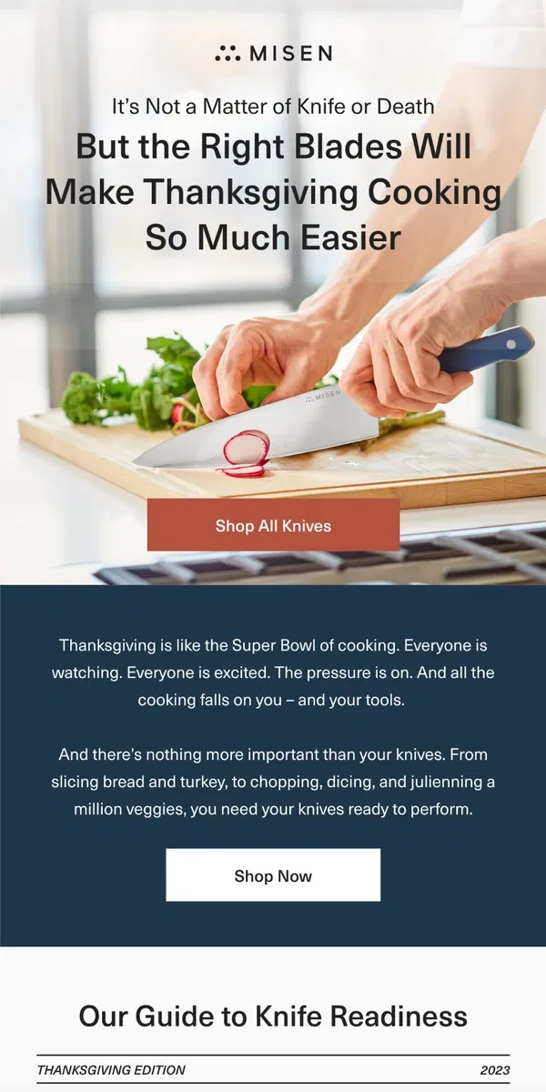 Email from Misen. Holiday Prep List: Knives Edition