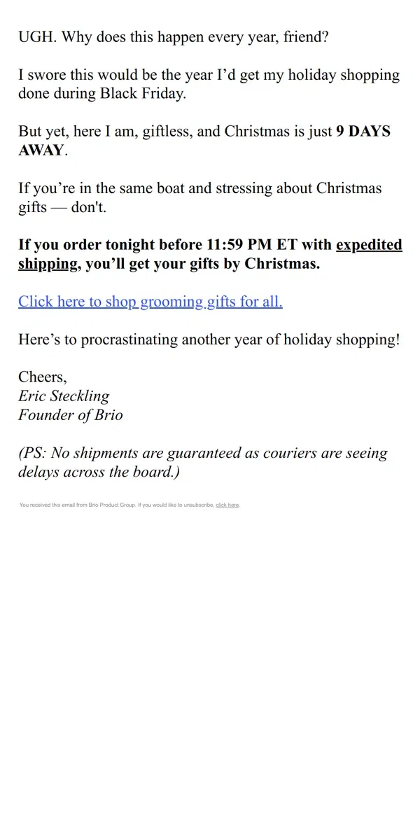 Email from Brio Product Group. Christmas Delivery: Last Chance