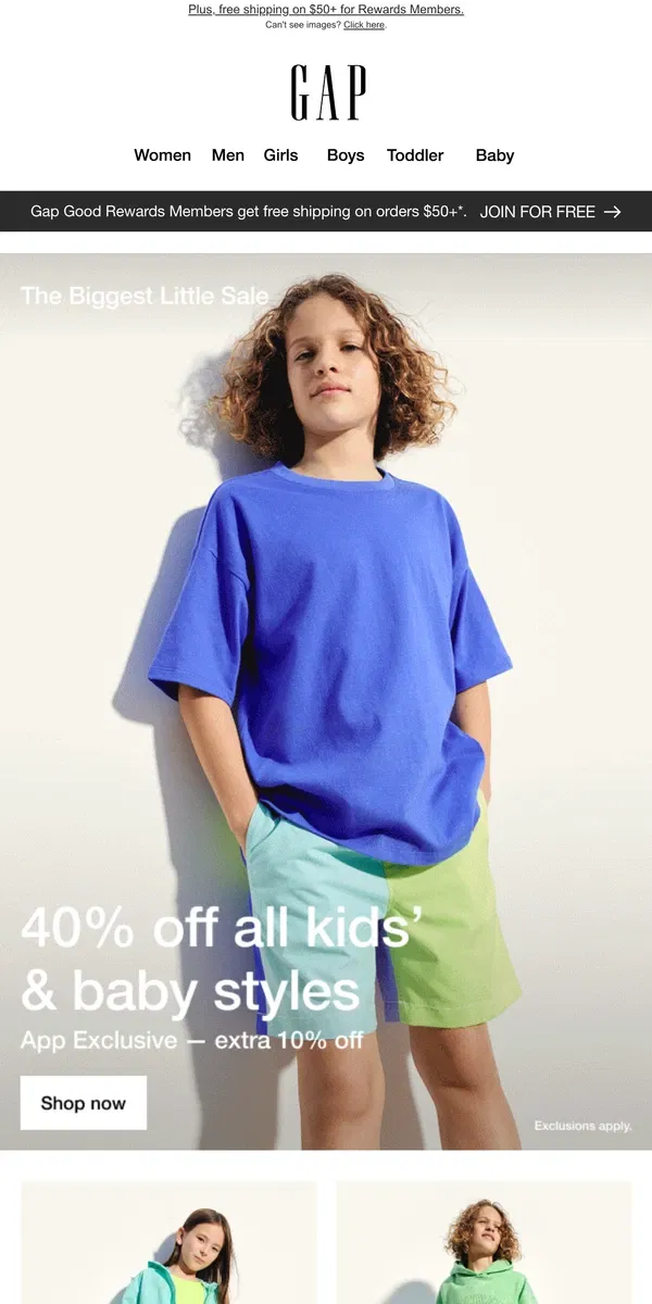 Email from GAP. We're announcing the Biggest Little Sale: 40% off + an app bonus