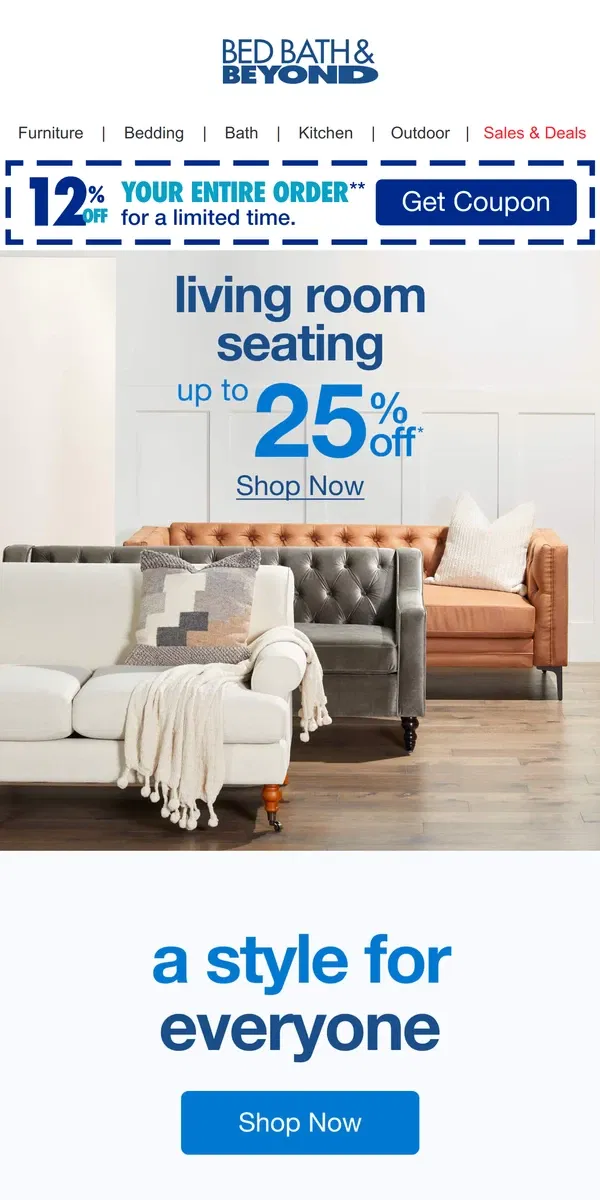 Email from Bed Bath & Beyond. Sit in Style & Save Up to 25% Off