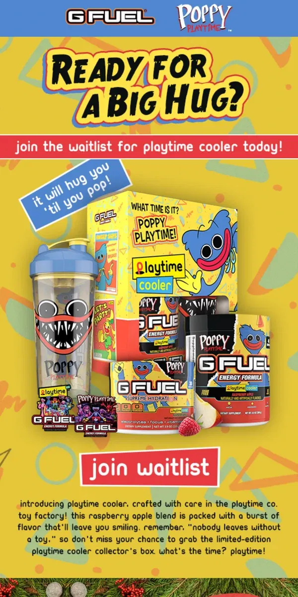 Email from G FUEL. Join the G FUEL x Poppy Playtime Waitlist Now!