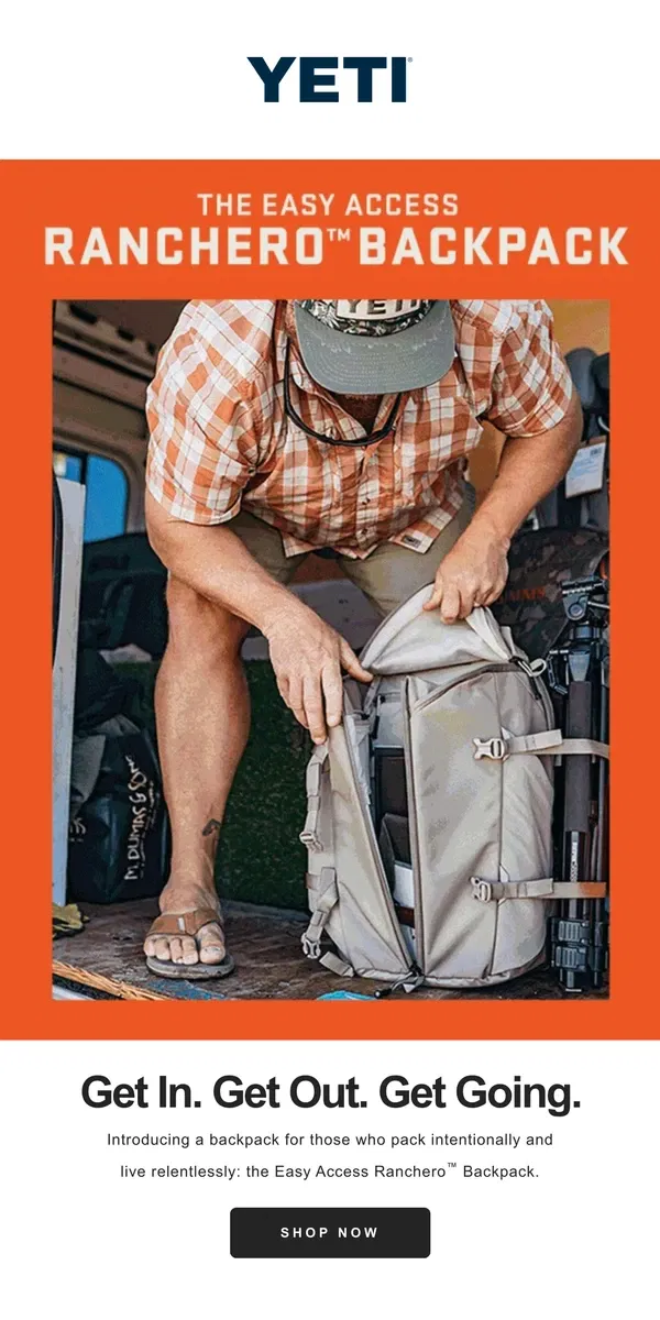 Email from YETI. Introducing The Easy Access Ranchero™ Backpack