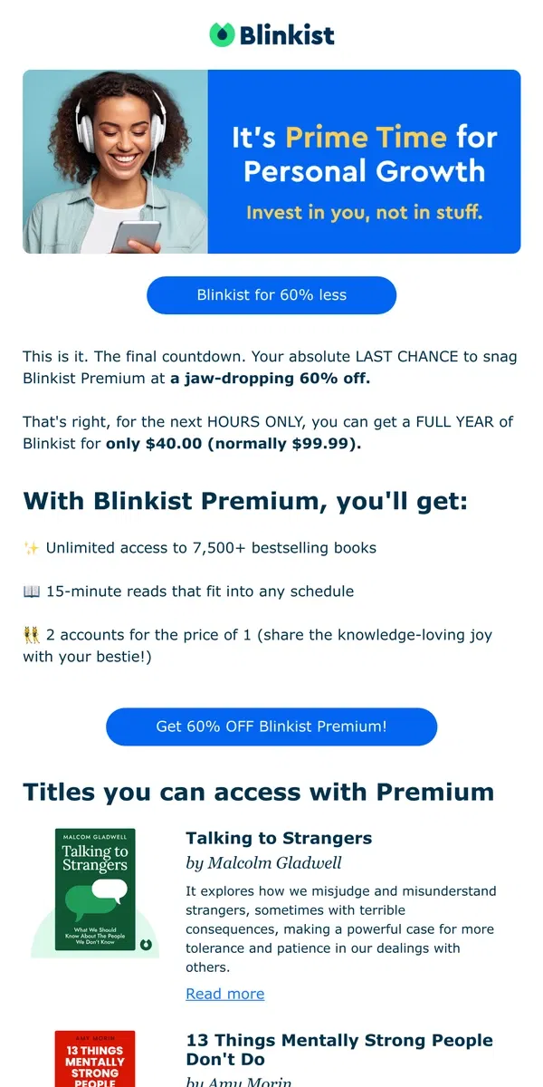 Email from Blinkist. ⚡ LAST CALL: 60% OFF Blinkist Ends Today ⚡