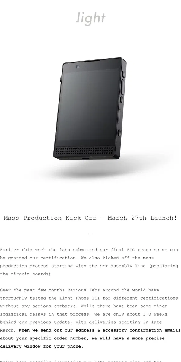 Email from The Light Phone. Beta Testing & Mass Production Kickoff