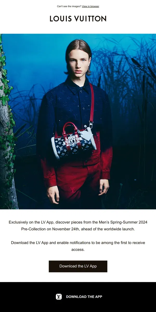 Email from Louis Vuitton. Coming Soon: Men’s Spring-Summer 2024 Pre-Collection