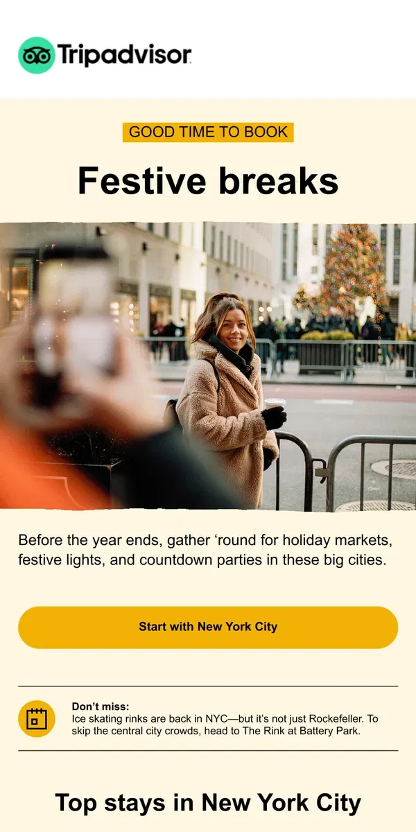 Email from Tripadvisor. 🎄 Top festive trip ideas for Nov–Dec