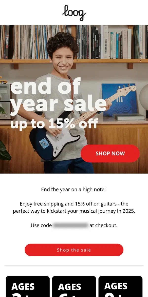 Email from Loog Guitars. 🚀 End of year sale: 15% off guitars + free shipping!