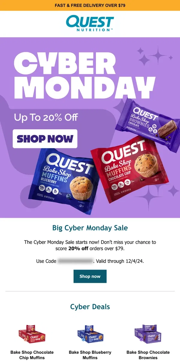 Email from Quest Nutrition. Cyber Savings You'll Love