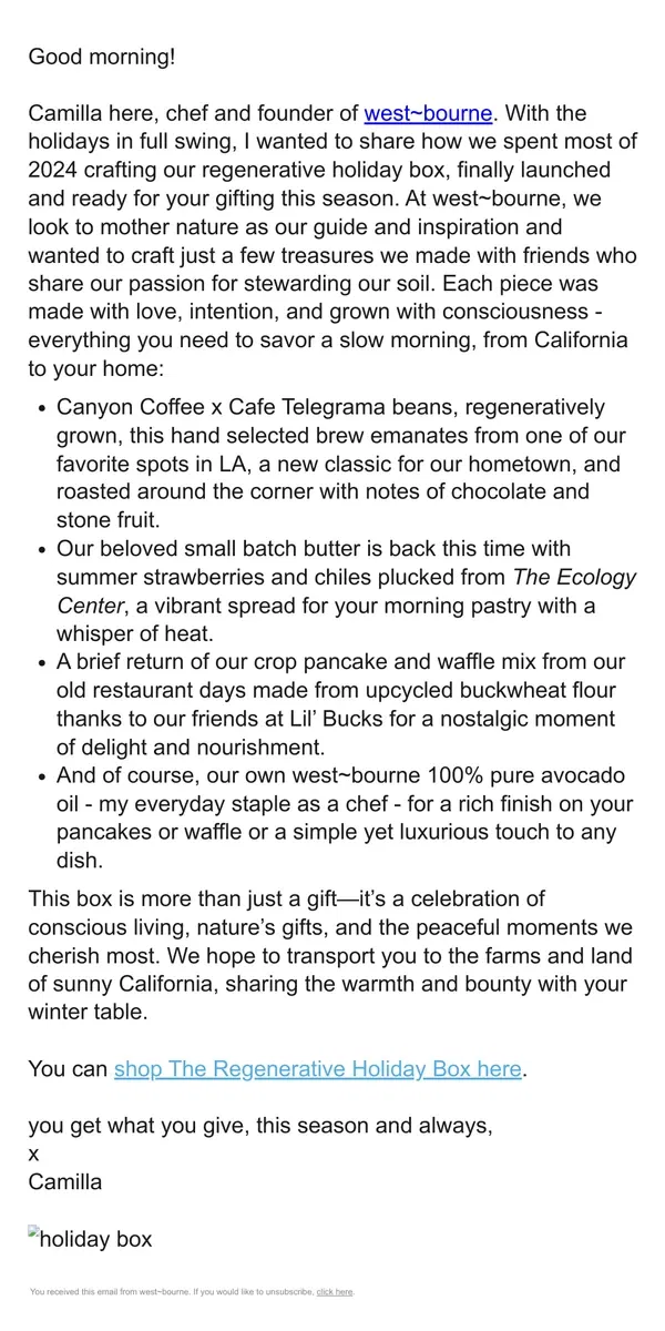 Email from west-bourne. our holiday box took 10 months to come together…