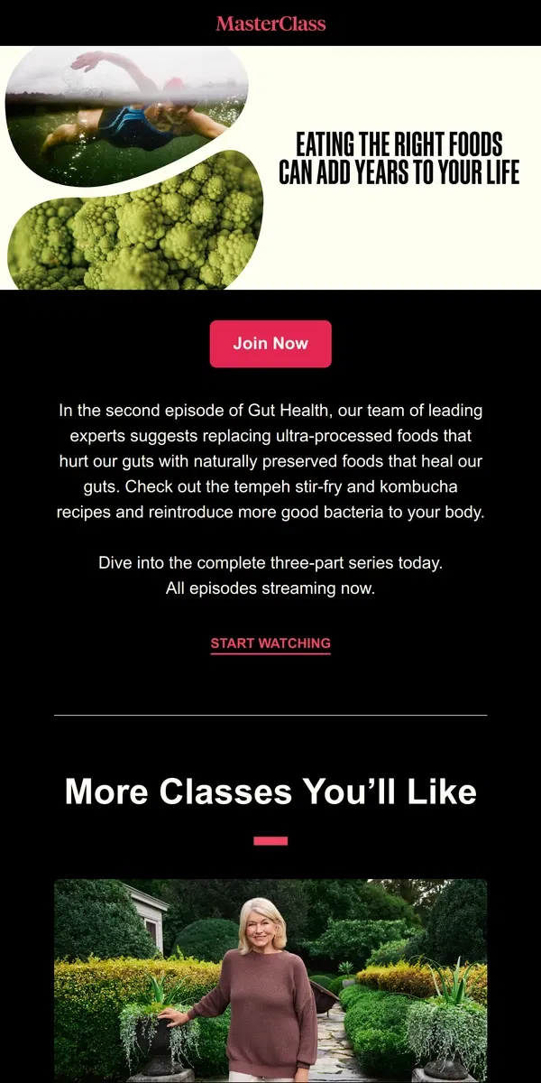 Email from Masterclass. Improve your mood with good gut food