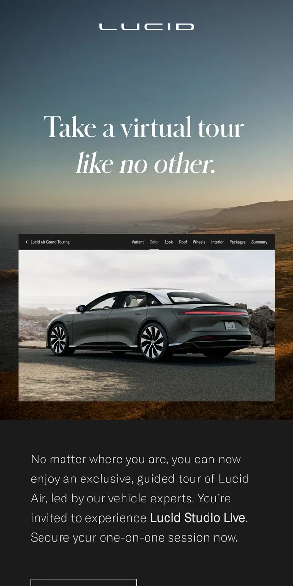 Email from Lucid Motors. Your exclusive invitation to Lucid Studio Live.