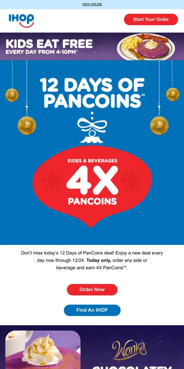 Email from IHOP. Today’s Deal: All sides & beverages earn 4X PanCoins🔥