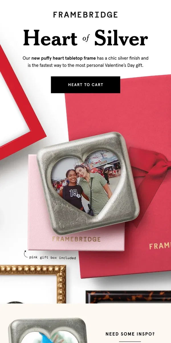 Email from Framebridge. New! Puffy heart tabletop frame