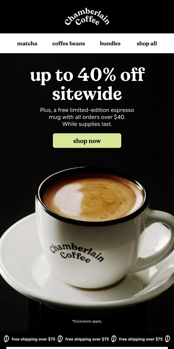 Email from Chamberlain Coffee. BLACK FRIDAY: up to 40% off sitewide