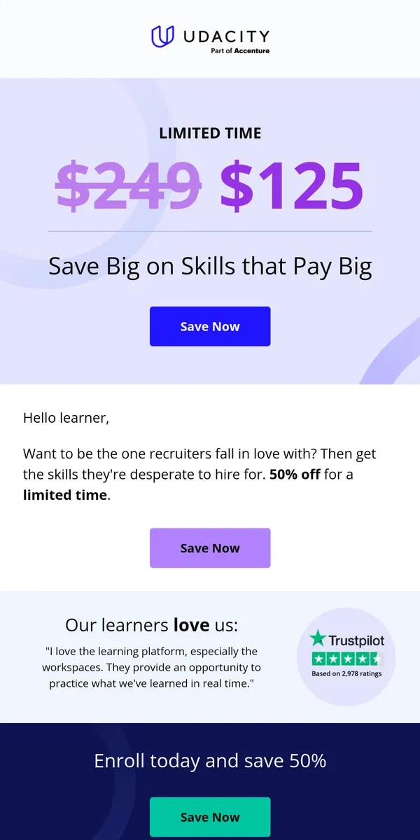 Email from Udacity. 💜 Love learning? 50% off unlimited access to skills