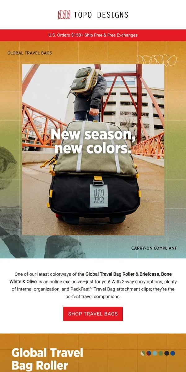 Email from Topo Designs. New Season, New Colors 🧳