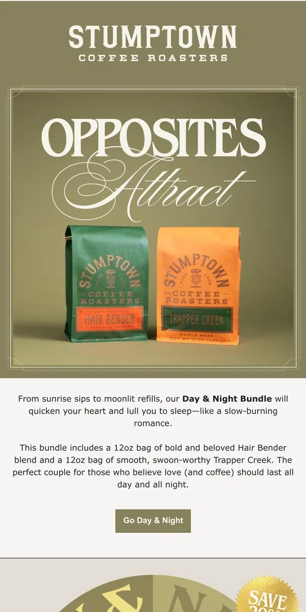 Email from Stumptown Coffee Roasters. Hot Couple Alert: Day & Night Bundle